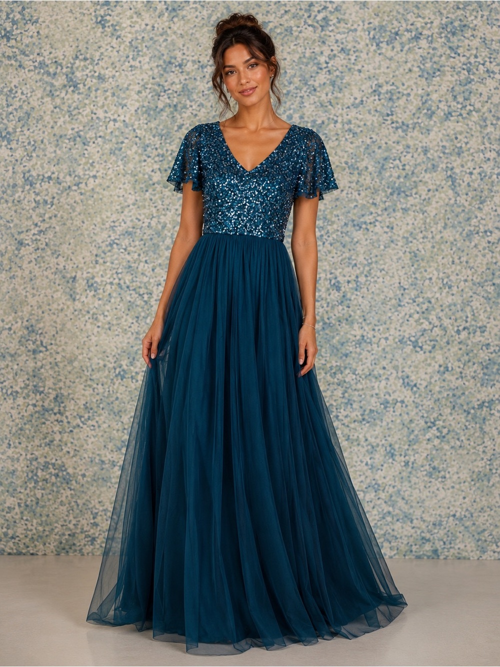 NWT Beauut Petite Teal Sequin Maxi Dress Formal Gown Size 6 Flutter Sleeve